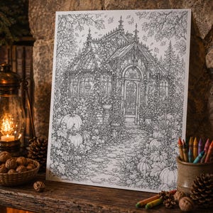 May include: A black and white line art colouring page featuring a detailed greenhouse surrounded by pumpkins, foliage, and trees. The illustration depicts a glass structure with an arched doorway, a stone path, and various plants, rendered in intricate detail.