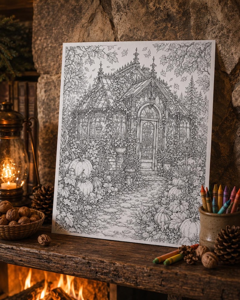 May include: A black and white line art colouring page featuring a detailed greenhouse surrounded by pumpkins, foliage, and trees. The illustration depicts a glass structure with an arched doorway, a stone path, and various plants, rendered in intricate detail.