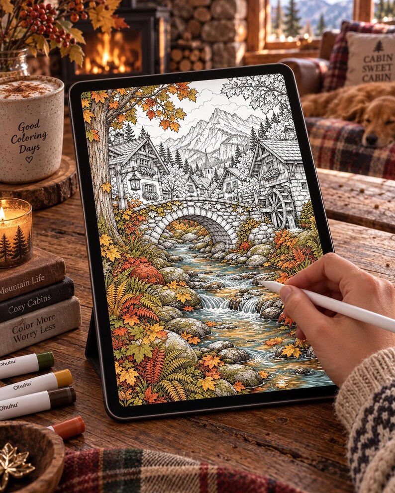 Puede incluir: Una tableta digital que muestra una p&aacute;gina para colorear detallada de un puente de piedra sobre un arroyo, rodeado de follaje oto&ntilde;al y casas. La pantalla muestra un paisaje monta&ntilde;oso con &aacute;rboles y una rueda hidr&aacute;ulica. Un l&aacute;piz &oacute;ptico.
