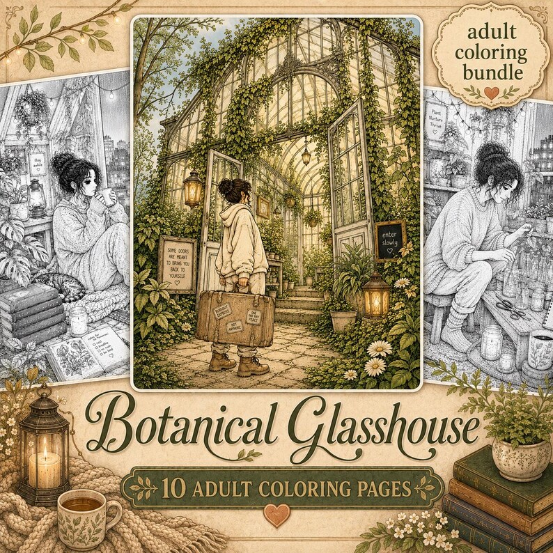 May include: A digital adult coloring bundle titled Botanical Glasshouse featuring 10 pages. The illustrations depict a person in a greenhouse, a person reading, and a person tending to plants, all rendered in a detailed, sepia-toned line art style.
