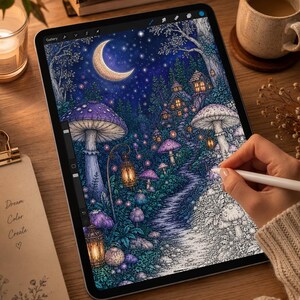 May include: A digital tablet displaying a detailed illustration of a forest scene with large purple mushrooms, glowing lanterns, and small houses nestled among trees under a crescent moon and starry night sky, partially coloured with a stylus.