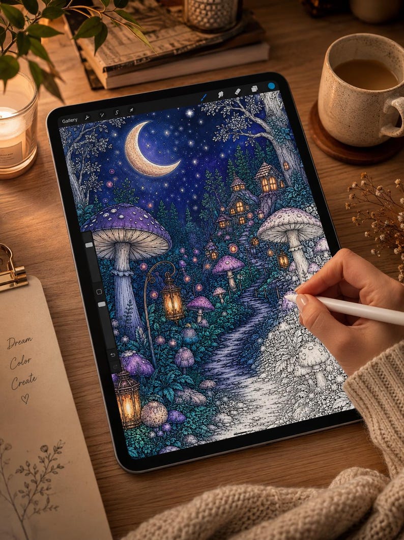 May include: A digital tablet displaying a detailed illustration of a forest scene with large purple mushrooms, glowing lanterns, and small houses nestled among trees under a crescent moon and starry night sky, partially coloured with a stylus.