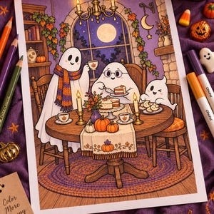 May include: A rectangular art print featuring three ghosts sitting at a round wooden table in a room with a large arched window showing a full moon. The ghosts are eating cake and drinking tea. The scene includes pumpkins, candles, and autumn leaves.