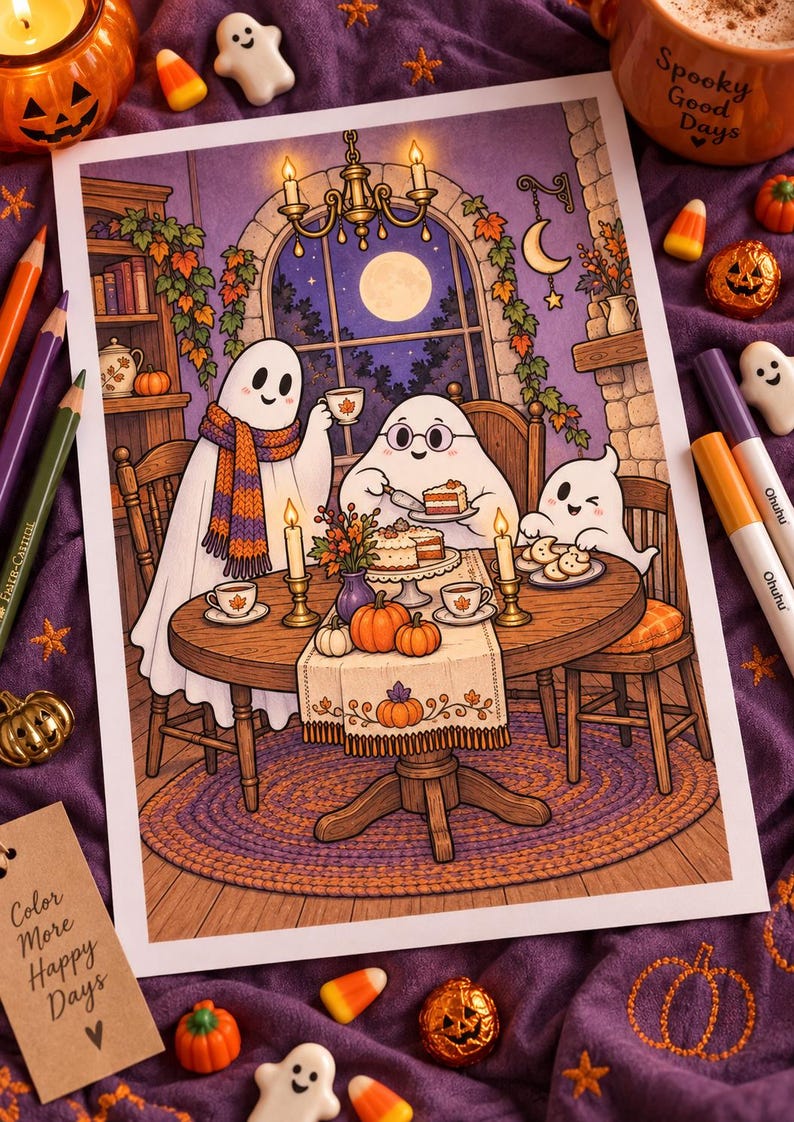 May include: A rectangular art print featuring three ghosts sitting at a round wooden table in a room with a large arched window showing a full moon. The ghosts are eating cake and drinking tea. The scene includes pumpkins, candles, and autumn leaves.