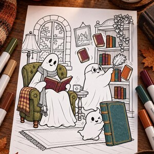 May include: A coloring page illustration featuring three ghosts in a library setting. One ghost sits in a green armchair reading a book, another ghost with glasses uses a feather duster on a bookshelf, and a small ghost pushes a large book.