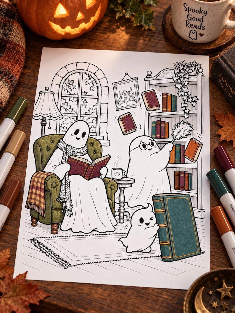 May include: A coloring page illustration featuring three ghosts in a library setting. One ghost sits in a green armchair reading a book, another ghost with glasses uses a feather duster on a bookshelf, and a small ghost pushes a large book.