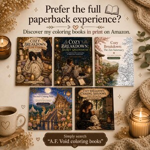 May include: Five paperback colouring books titled Cozy Breakdown: Offline Evening, Secret Greenhouse, The Zen Sanctuary, Sacred Chiang Mai, and Chasing Shadows. The text reads: Prefer the full paperback experience? Discover my colouring books in print on Amazon.