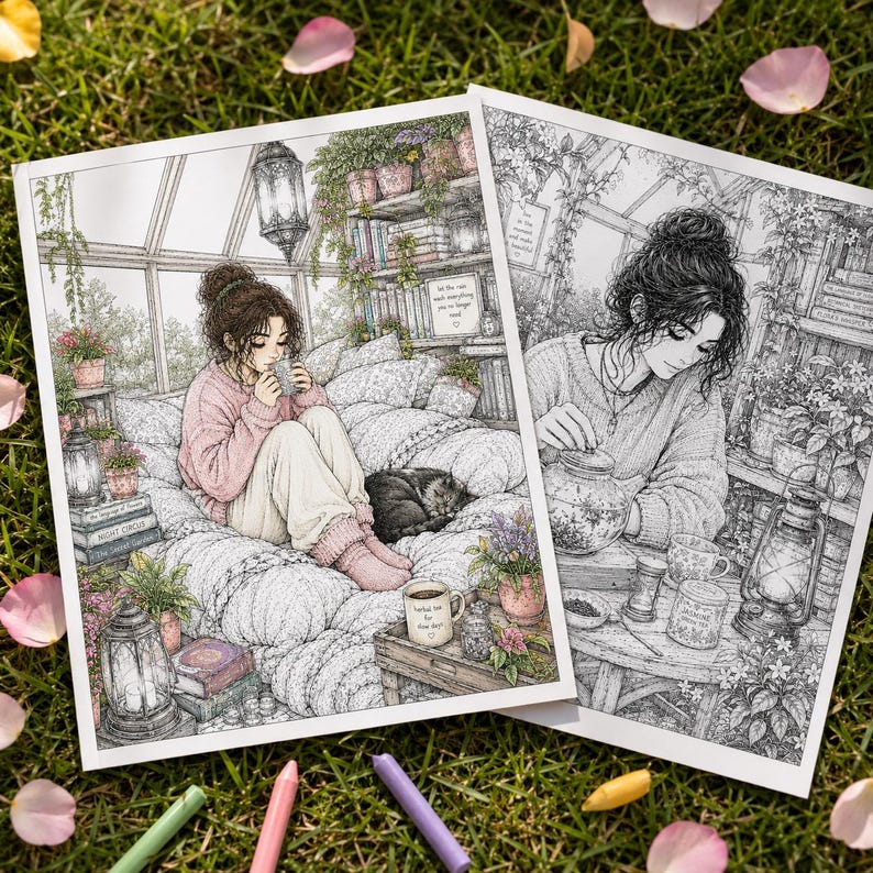 Pu&ograve; includere: Due pagine da colorare con dettagliate illustrazioni a linee di una persona in una serra. Una pagina mostra una persona seduta su un letto con un gatto, mentre l'altra raffigura una persona che prepara il t&egrave;, con piante e lanterne disegnate.