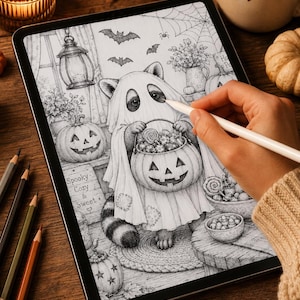 May include: A digital tablet displaying a black and white coloring page of a raccoon wearing a ghost costume and holding a jack-o'-lantern candy bucket. The illustration includes bats, a spider web, pumpkins, and text that reads Spooky Cozy & Sweet.