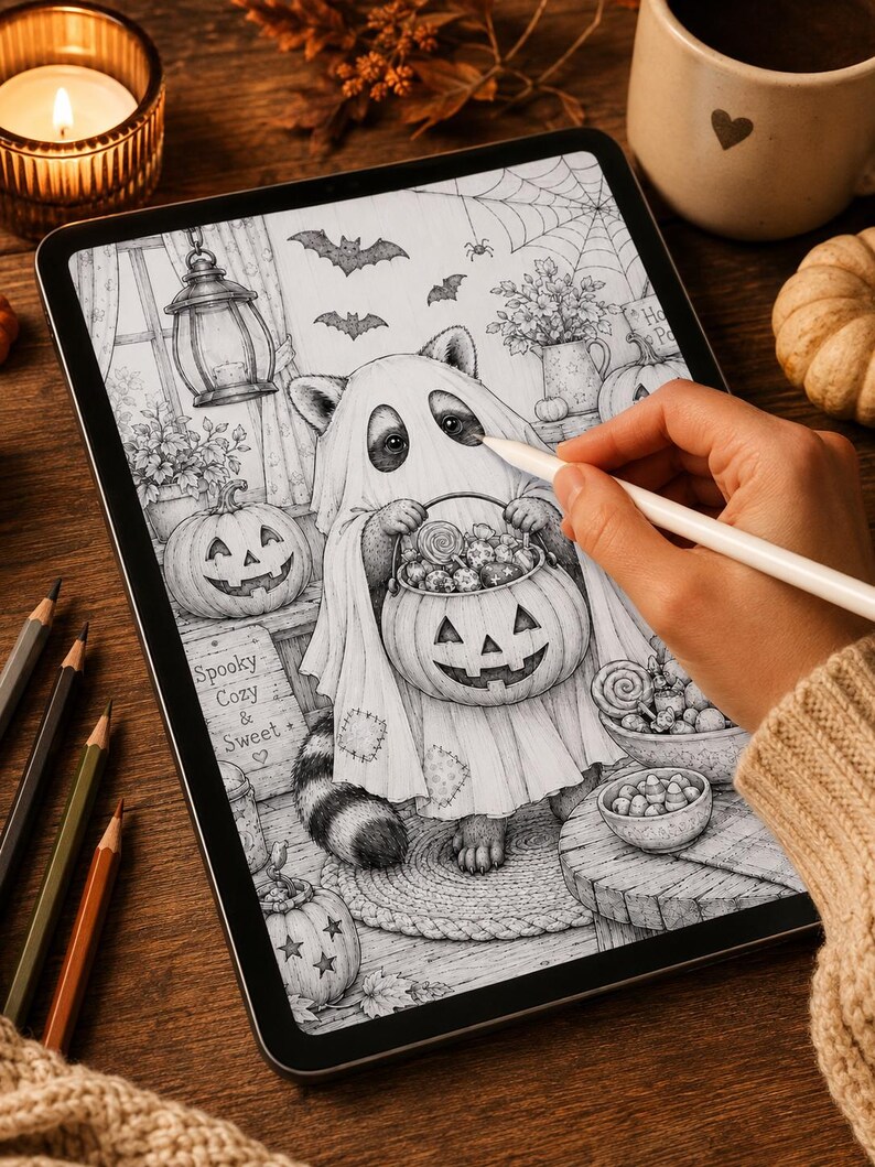 May include: A digital tablet displaying a black and white coloring page of a raccoon wearing a ghost costume and holding a jack-o'-lantern candy bucket. The illustration includes bats, a spider web, pumpkins, and text that reads Spooky Cozy & Sweet.