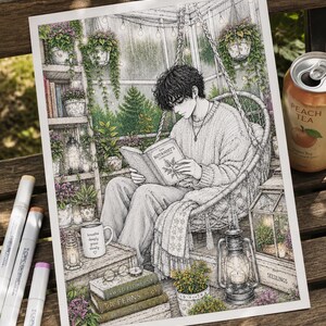 Pu&ograve; includere: Una stampa illustrata dettagliata che raffigura una persona seduta su una sedia sospesa all'interno di una serra, intenta a leggere un libro intitolato The Botanist's Companion. La scena include piante in vaso, lanterne, libri impilati etichettati Wild Flowers, Ferns e British Insects, e una tazza con il testo breathe deeply grow slowly.
