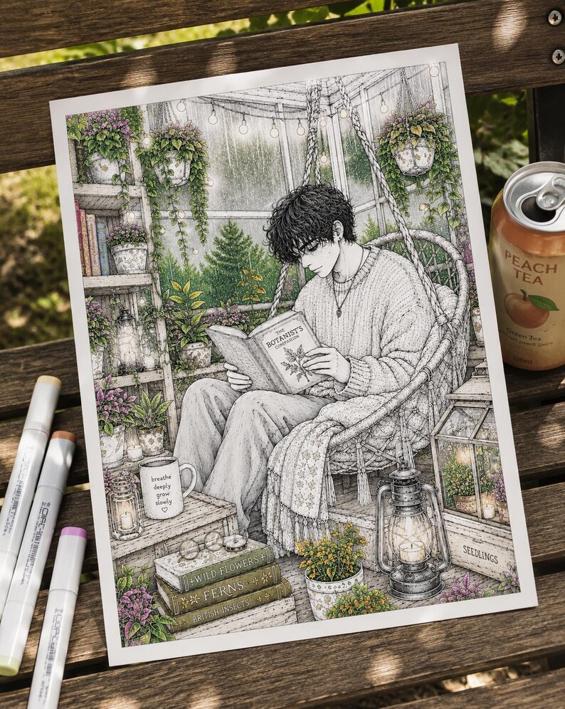 Pu&ograve; includere: Una stampa illustrata dettagliata che raffigura una persona seduta su una sedia sospesa all'interno di una serra, intenta a leggere un libro intitolato The Botanist's Companion. La scena include piante in vaso, lanterne, libri impilati etichettati Wild Flowers, Ferns e British Insects, e una tazza con il testo breathe deeply grow slowly.