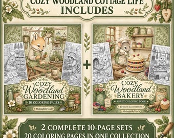 Cozy Woodland Animals 20 Coloring Pages Bundle, Printable Cottagecore Designs, Gardening and Baking