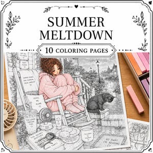 Può includere: Una pagina da colorare intitolata Summer Meltdown che mostra una persona con felpa rosa seduta su una sedia a dondolo in veranda durante un temporale con un gatto, caffè freddo, un libro e un ventilatore, circondata da testi come Leave Me Alone.