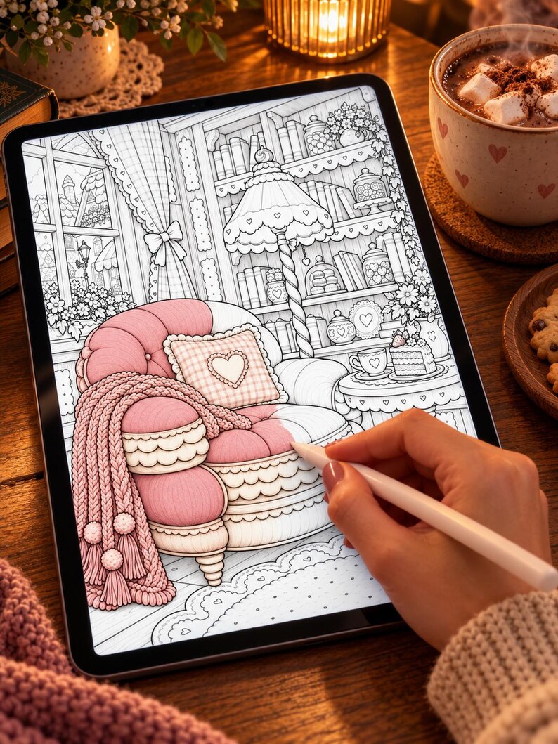May include: A digital tablet displaying a black and white line art colouring page of a cosy room interior featuring a plush armchair with a heart-patterned pillow and a knitted throw blanket, partially coloured in shades of soft pink.