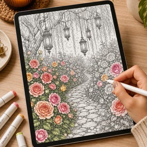 K&ouml;nnte beinhalten: Ein digitales Tablet mit einer detaillierten Malvorlage, die einen Steinpfad durch einen Rosengarten mit h&auml;ngenden Laternen und Weiden zeigt. Die Illustration enth&auml;lt teilweise ausgemalte rosa und orangefarbene Rosen sowie gr&uuml;nes Blattwerk.