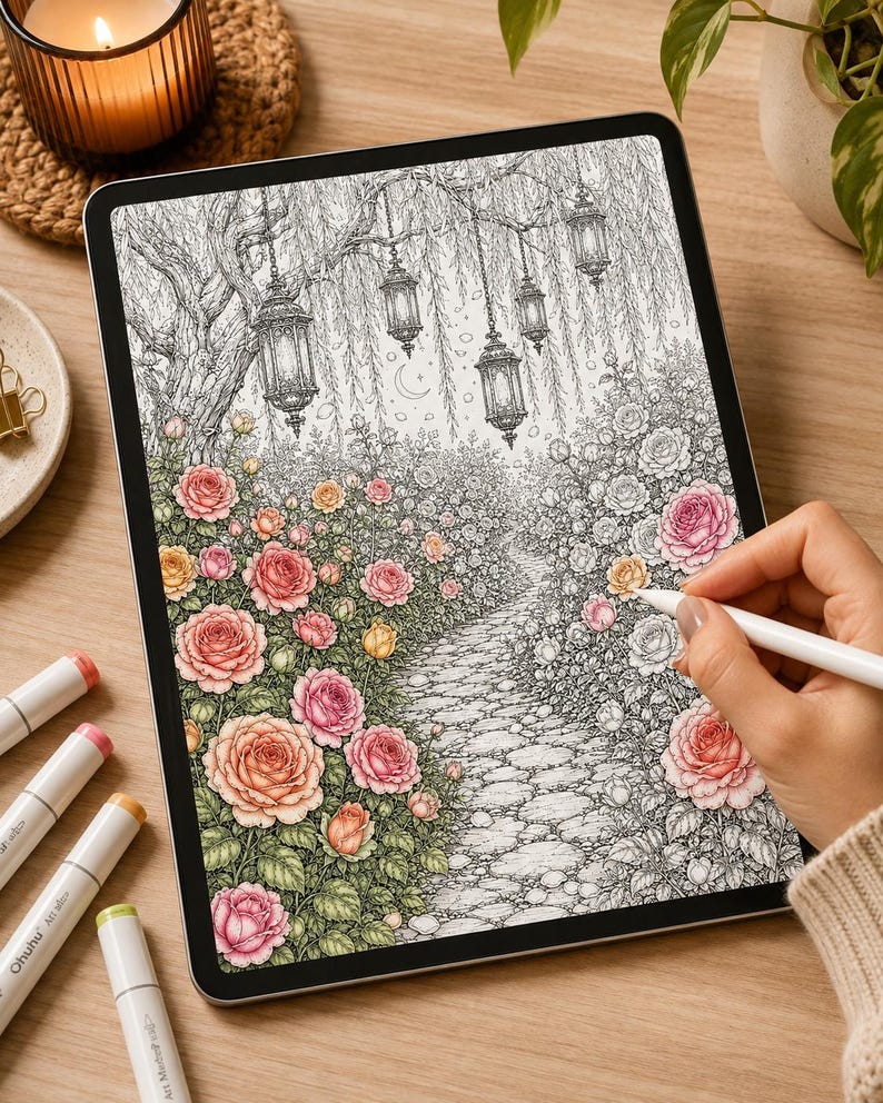 K&ouml;nnte beinhalten: Ein digitales Tablet mit einer detaillierten Malvorlage, die einen Steinpfad durch einen Rosengarten mit h&auml;ngenden Laternen und Weiden zeigt. Die Illustration enth&auml;lt teilweise ausgemalte rosa und orangefarbene Rosen sowie gr&uuml;nes Blattwerk.