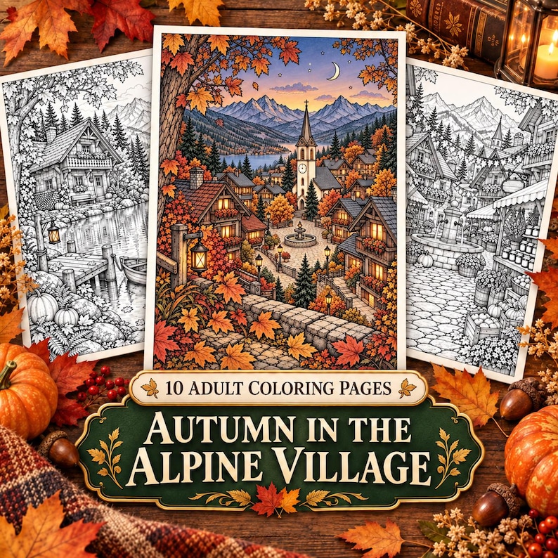 Puede incluir: Un conjunto de 10 p&aacute;ginas para colorear para adultos titulado Autumn in the Alpine Village, con ilustraciones detalladas de un pueblo de monta&ntilde;a con una iglesia, caminos de piedra y follaje oto&ntilde;al, junto a calabazas y tela a cuadros.
