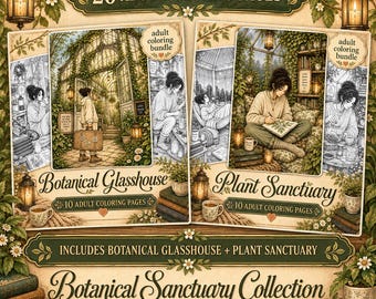 20 Botanical Coloring Pages for Adults, Cozy Greenhouse Coloring Book, Plant Lover Printable Detailed Pages, Digital Download