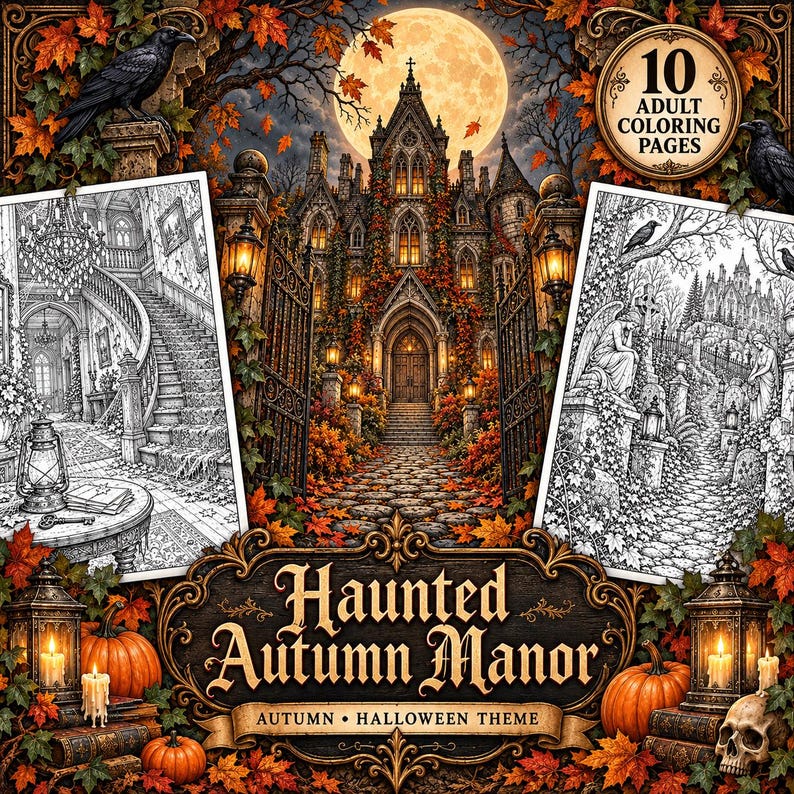 May include: A collection of 10 adult coloring pages titled Haunted Autumn Manor, featuring intricate black and white illustrations of a gothic mansion interior, a graveyard, and a central manor entrance surrounded by autumn leaves and pumpkins.