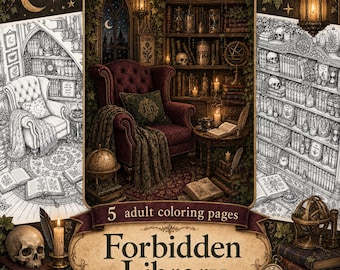 May include: A collection of 5 adult colouring pages titled Forbidden Library, featuring detailed black and white line art of a cosy reading nook with a tufted armchair, bookshelves, skulls, and open books, alongside a central coloured illustration.