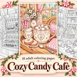 May include: A set of 10 adult colouring pages titled Cozy Candy Cafe, featuring a central coloured illustration of a mug of hot cocoa with marshmallows, cookies, and a candy jar on a wooden tray, flanked by two black and white line art pages.