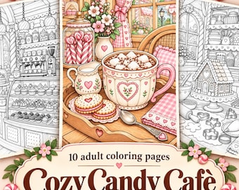 Cozy Candy Café 10 Coloring Pages Bundle, Printable Sweet Shop Designs, Cute Dessert Coloring Book PDF, Instant Download