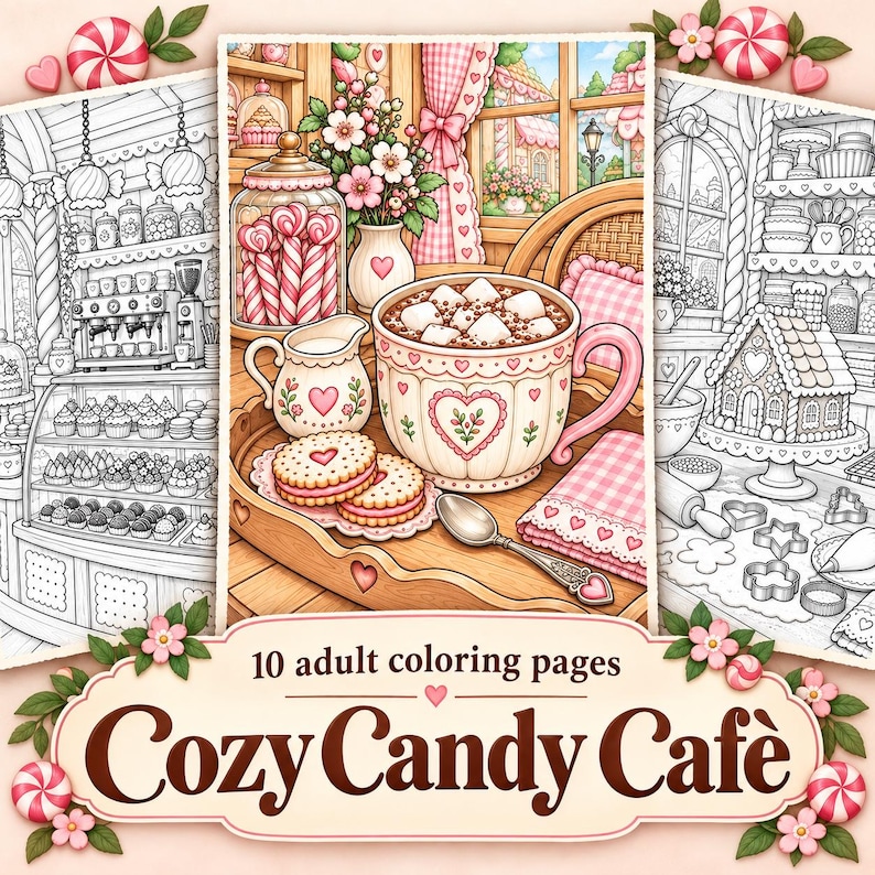 May include: A set of 10 adult colouring pages titled Cozy Candy Cafe, featuring a central coloured illustration of a mug of hot cocoa with marshmallows, cookies, and a candy jar on a wooden tray, flanked by two black and white line art pages.