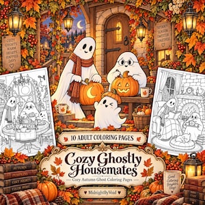 May include: A collection of 10 adult coloring pages titled Cozy Ghostly Housemates featuring illustrations of ghosts carving pumpkins and drinking tea in autumn settings with fall foliage, lanterns, and text accents like Spooky Season Sweeter Together.