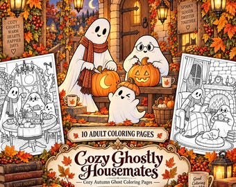 10 Halloween Coloring Pages: Cozy Ghostly Housemates, Easy Printable Pages for Adults