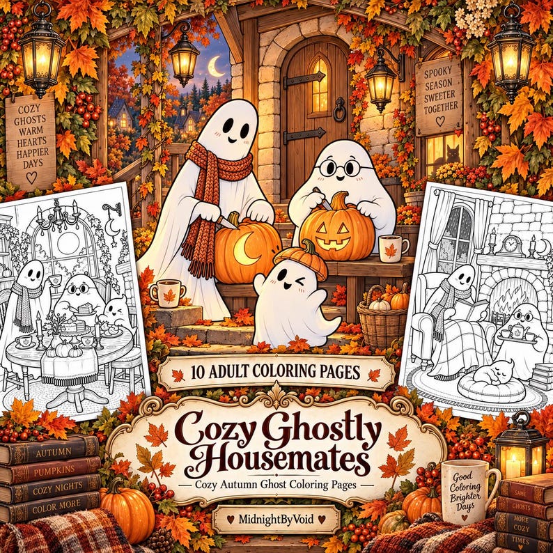 May include: A collection of 10 adult coloring pages titled Cozy Ghostly Housemates featuring illustrations of ghosts carving pumpkins and drinking tea in autumn settings with fall foliage, lanterns, and text accents like Spooky Season Sweeter Together.