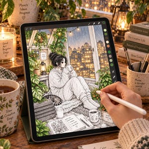 May include: A digital tablet displaying a detailed illustration of a person sitting in a room filled with plants, holding a mug, with a city view through a window. The screen shows a drawing interface with a stylus held by a hand in the foreground.
