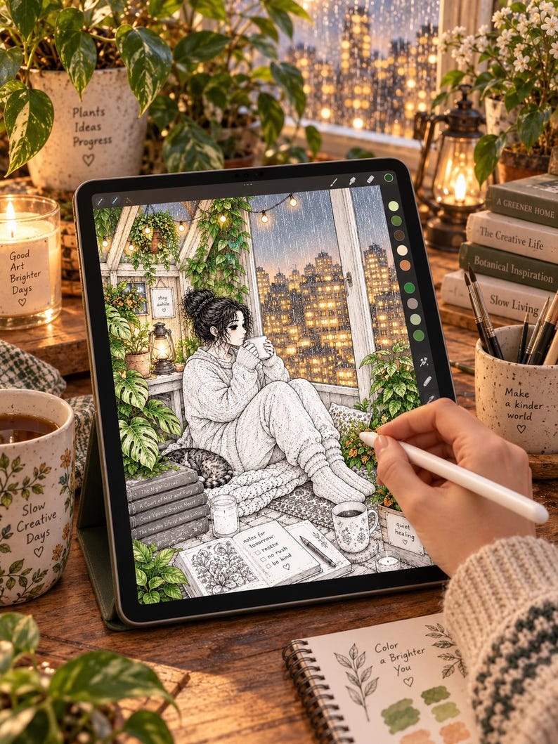 May include: A digital tablet displaying a detailed illustration of a person sitting in a room filled with plants, holding a mug, with a city view through a window. The screen shows a drawing interface with a stylus held by a hand in the foreground.