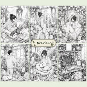 Peut inclure: Une collection de six illustrations au trait en noir et blanc repr&eacute;sentant des personnes dans des serres avec des plantes, des livres et des animaux. Une &eacute;tiquette rectangulaire centrale avec une bordure d&eacute;corative contient le mot preview.