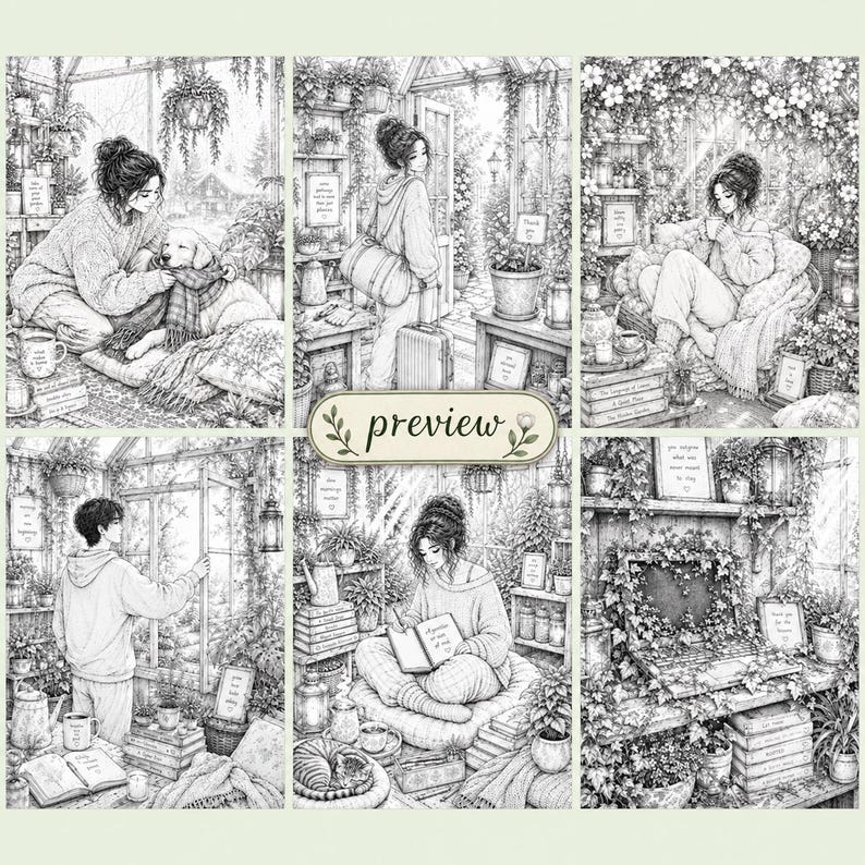 Peut inclure: Une collection de six illustrations au trait en noir et blanc repr&eacute;sentant des personnes dans des serres avec des plantes, des livres et des animaux. Une &eacute;tiquette rectangulaire centrale avec une bordure d&eacute;corative contient le mot preview.