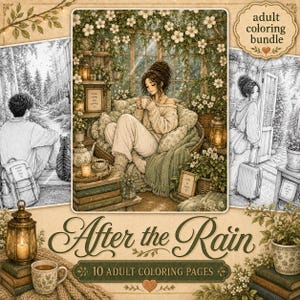 Peut inclure: Un ensemble de coloriage pour adultes intitul&eacute; After the Rain comprenant 10 pages avec des illustrations d&eacute;taill&eacute;es de personnes dans des cadres confortables, dont une personne assise dans un fauteuil avec une tasse, un sac &agrave; dos et des bagages.