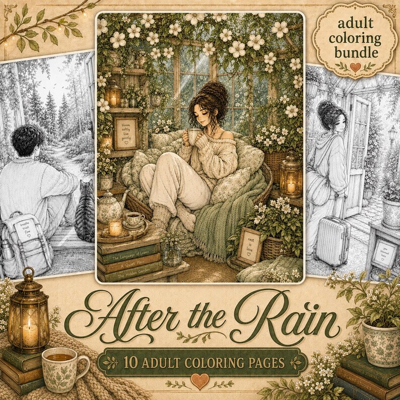 Peut inclure: Un ensemble de coloriage pour adultes intitul&eacute; After the Rain comprenant 10 pages avec des illustrations d&eacute;taill&eacute;es de personnes dans des cadres confortables, dont une personne assise dans un fauteuil avec une tasse, un sac &agrave; dos et des bagages.