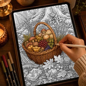 May include: A digital tablet displaying a detailed black and white line art illustration of a woven basket filled with various mushrooms, berries, and forest foliage, with a small bottle labeled Tinctura Forestalis and a book on the ground.