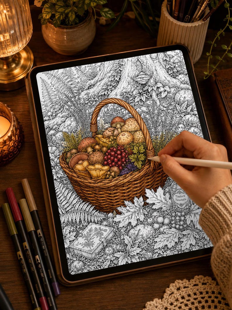May include: A digital tablet displaying a detailed black and white line art illustration of a woven basket filled with various mushrooms, berries, and forest foliage, with a small bottle labeled Tinctura Forestalis and a book on the ground.