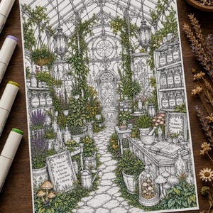 May include: A detailed coloring page illustration of a greenhouse filled with potted plants, shelves of labeled jars, and a stone path. A sign reads: In Every Leaf A Lesson, In Every Root A Remedy, In Every Breath A Blessing. A book is titled The Herbalist's Companion.