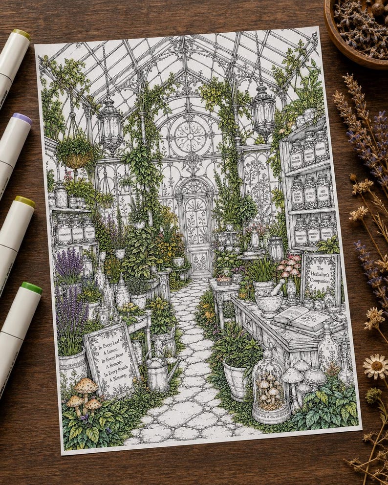 May include: A detailed coloring page illustration of a greenhouse filled with potted plants, shelves of labeled jars, and a stone path. A sign reads: In Every Leaf A Lesson, In Every Root A Remedy, In Every Breath A Blessing. A book is titled The Herbalist's Companion.