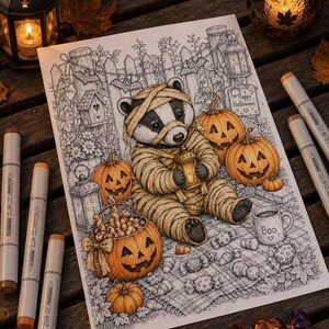 May include: A detailed coloring page illustration featuring a badger dressed as a mummy holding a lantern, surrounded by jack-o'-lanterns, candy, and a mug labeled Boo. The scene includes a picket fence, a birdhouse, and bats in the background.