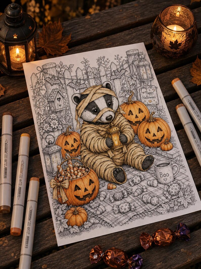 May include: A detailed coloring page illustration featuring a badger dressed as a mummy holding a lantern, surrounded by jack-o'-lanterns, candy, and a mug labeled Boo. The scene includes a picket fence, a birdhouse, and bats in the background.