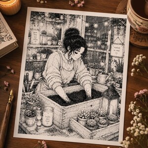 May include: A black and white ink illustration print depicting a person potting plants in a wooden box. The artwork features text that reads grow slow live softly, rooted in rest, and breathe plant repeat, surrounded by various potted succulents.