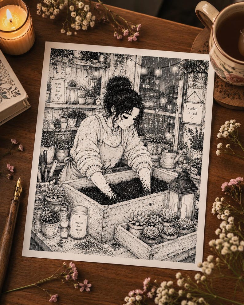 May include: A black and white ink illustration print depicting a person potting plants in a wooden box. The artwork features text that reads grow slow live softly, rooted in rest, and breathe plant repeat, surrounded by various potted succulents.