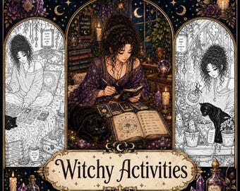 May include: A collection of 10 adult coloring pages titled Witchy Activities by MidnightByVoid. The artwork features three arched panels showing a person with dark curly hair, a black cat, candles, crystals, and books in a mystical setting.