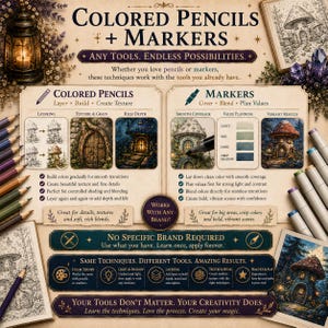 Puede incluir: Una gu&iacute;a art&iacute;stica titulada Colored Pencils + Markers que presenta t&eacute;cnicas de capas, textura y mezcla. El dise&ntilde;o incluye diagramas de casas de hongos, tablas de valores de color y texto que explica c&oacute;mo usar las herramientas de dibujo.
