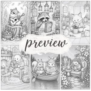 May include: A digital coloring page collection featuring six black and white illustrations of woodland animals, including a chipmunk playing guitar, a raccoon crafting, a fox gardening, a bear reading, a squirrel and rabbit in a boat, and a hedgehog.