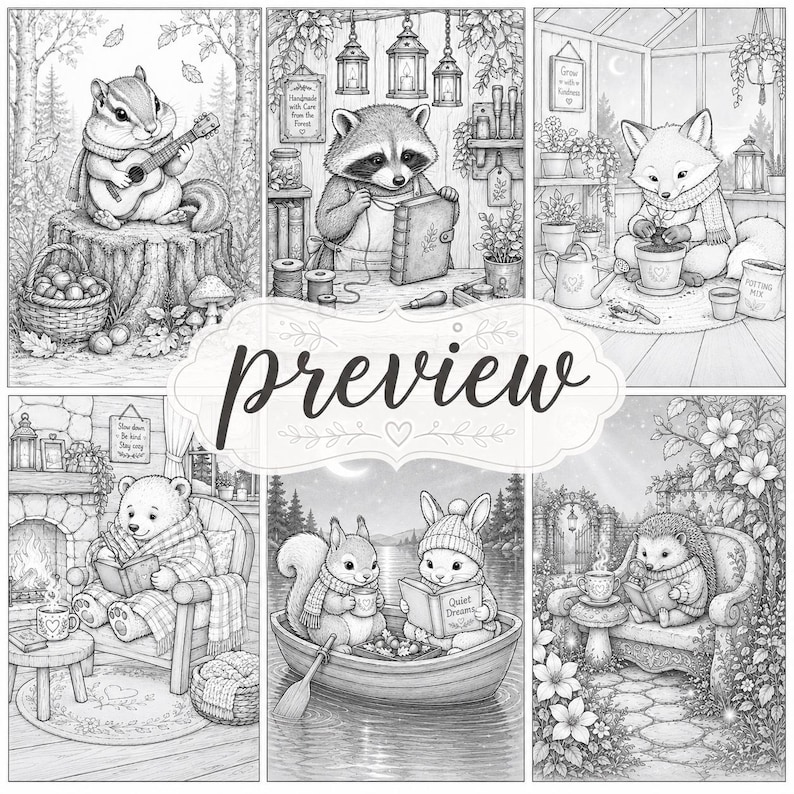 May include: A digital coloring page collection featuring six black and white illustrations of woodland animals, including a chipmunk playing guitar, a raccoon crafting, a fox gardening, a bear reading, a squirrel and rabbit in a boat, and a hedgehog.
