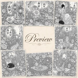 Puede incluir: Una colecci&oacute;n de ocho ilustraciones detalladas en blanco y negro con escenas de jard&iacute;n, rosas, linternas colgantes, juegos de t&eacute;, sillas y una persona leyendo, rodeando un panel central con la palabra Preview escrita en cursiva.